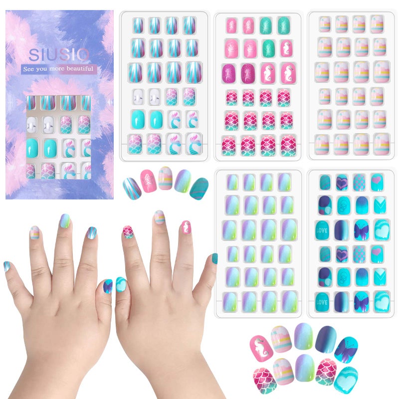 SIUSIO 120Pcs 5 Pack Children Acrylic Fake Nails Press on Pre-glue Full Cover Glitter Gradient Color Short False Nail Art Kits Sets Great Christmas Gift for Kids Little Girls - Mermaid Beach - Image 1